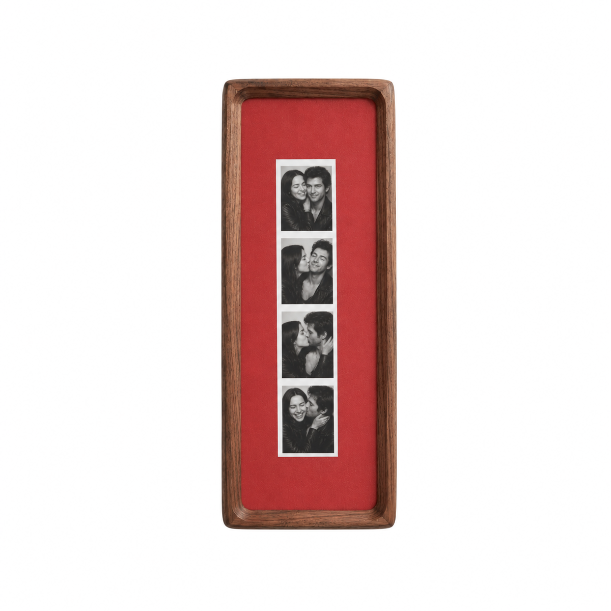 Solid red wood photo strip frame with key hooks, studio shot
