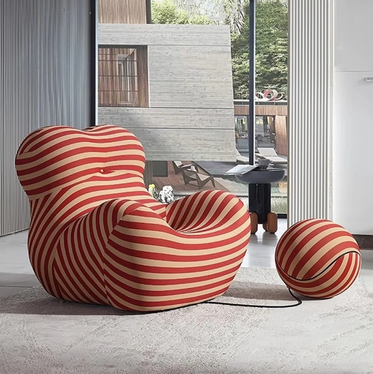 Lazy Sofa | Soft Cushioned Red Stripe Fabric Floor Sofa
