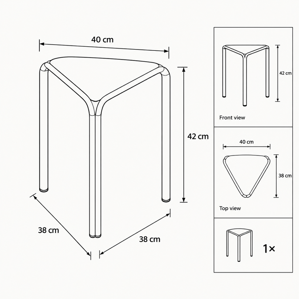 Dimension diagram of triangle stacking stool: 40cm seat width, 42cm height, 38x38cm leg footprint