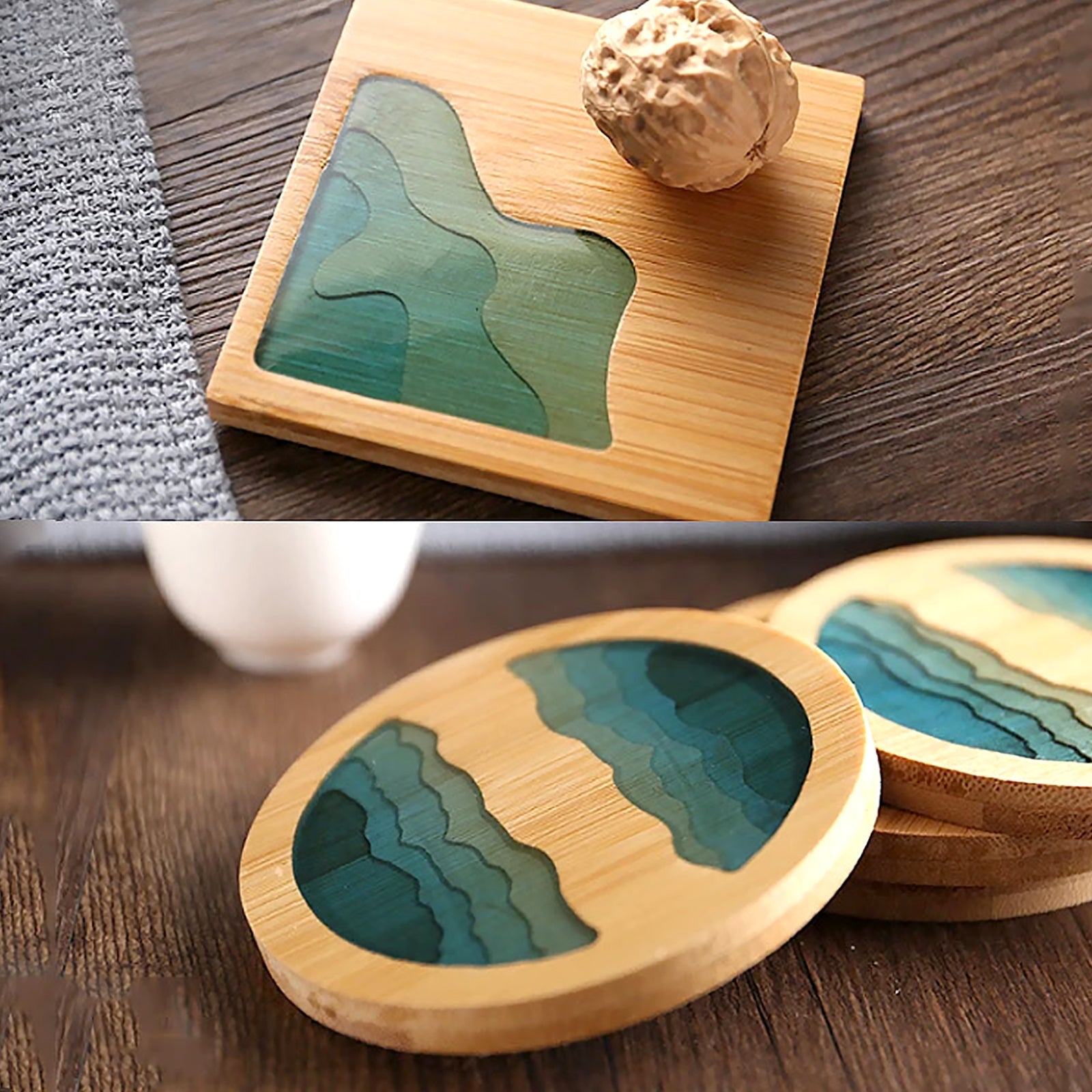 Epoxy Art Wooden Coaster - Beach Themed Bamboo Drink Accessory