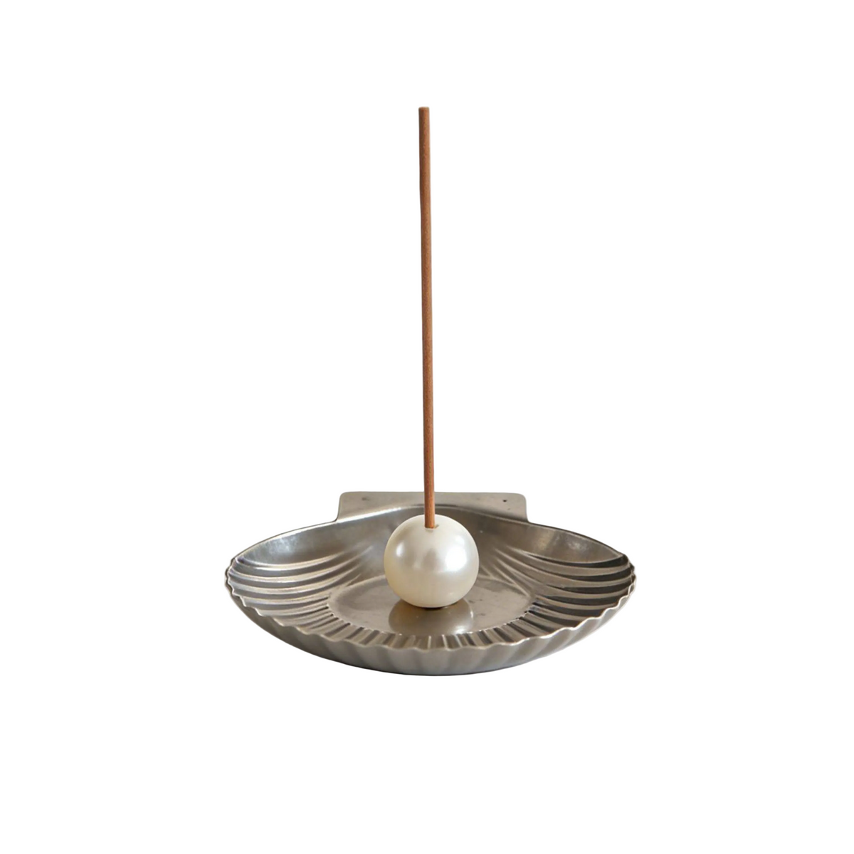 stainless steel scallop shell incense holder with pearl stick holder - front view product photo