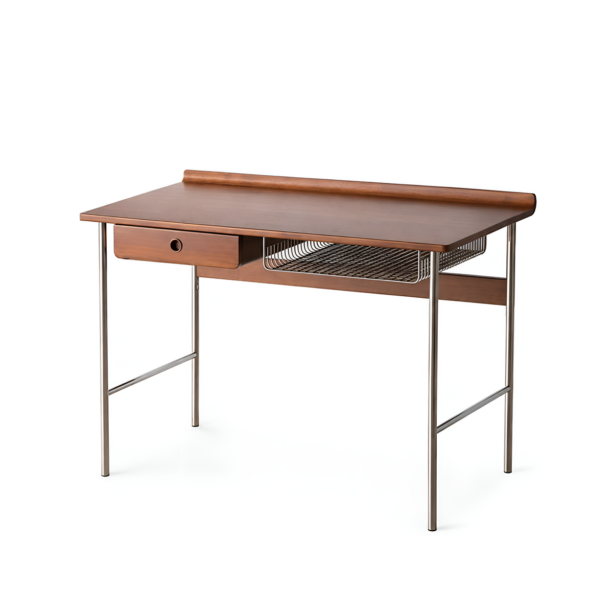 Walnut MCM writing desk with drawer and wire basket, front view