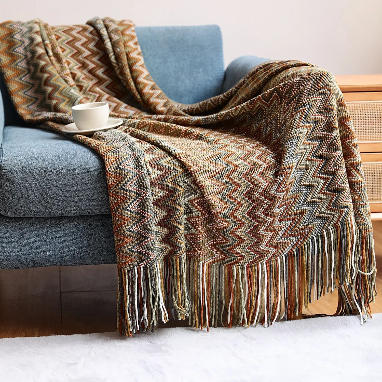 Knitted Pashmina Throw - Bohemian Tassel Blanket 50x67in Medium