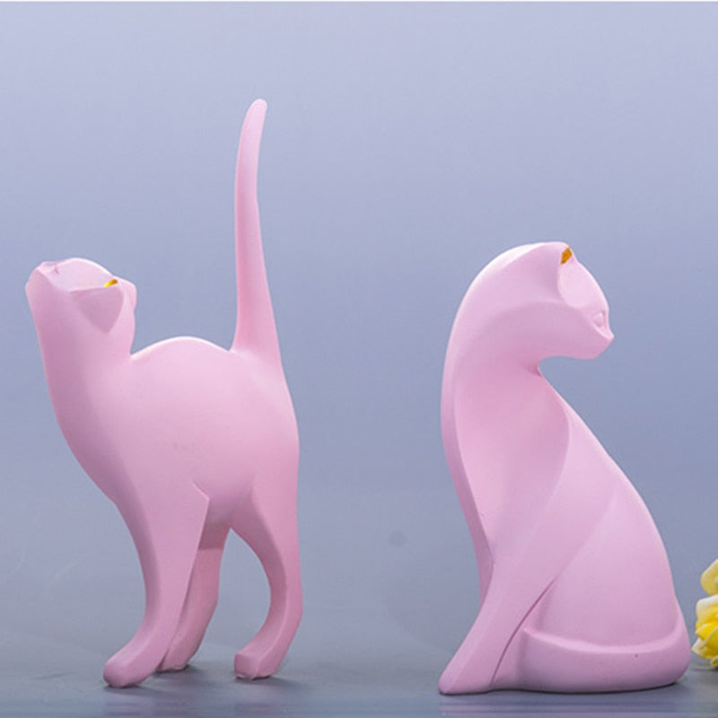 Pink Cat Sculpture - Resin Cat Figurine Decor