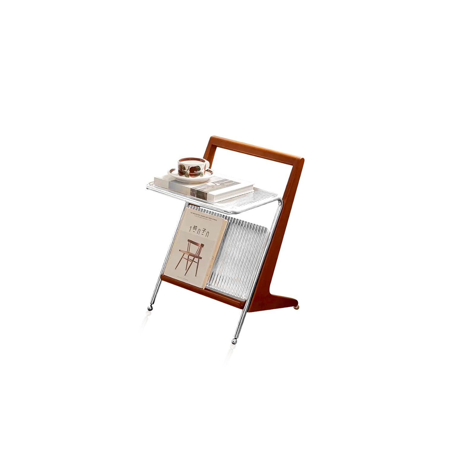 Japanese Side Table Featuring Solid Wood Handle & Metal