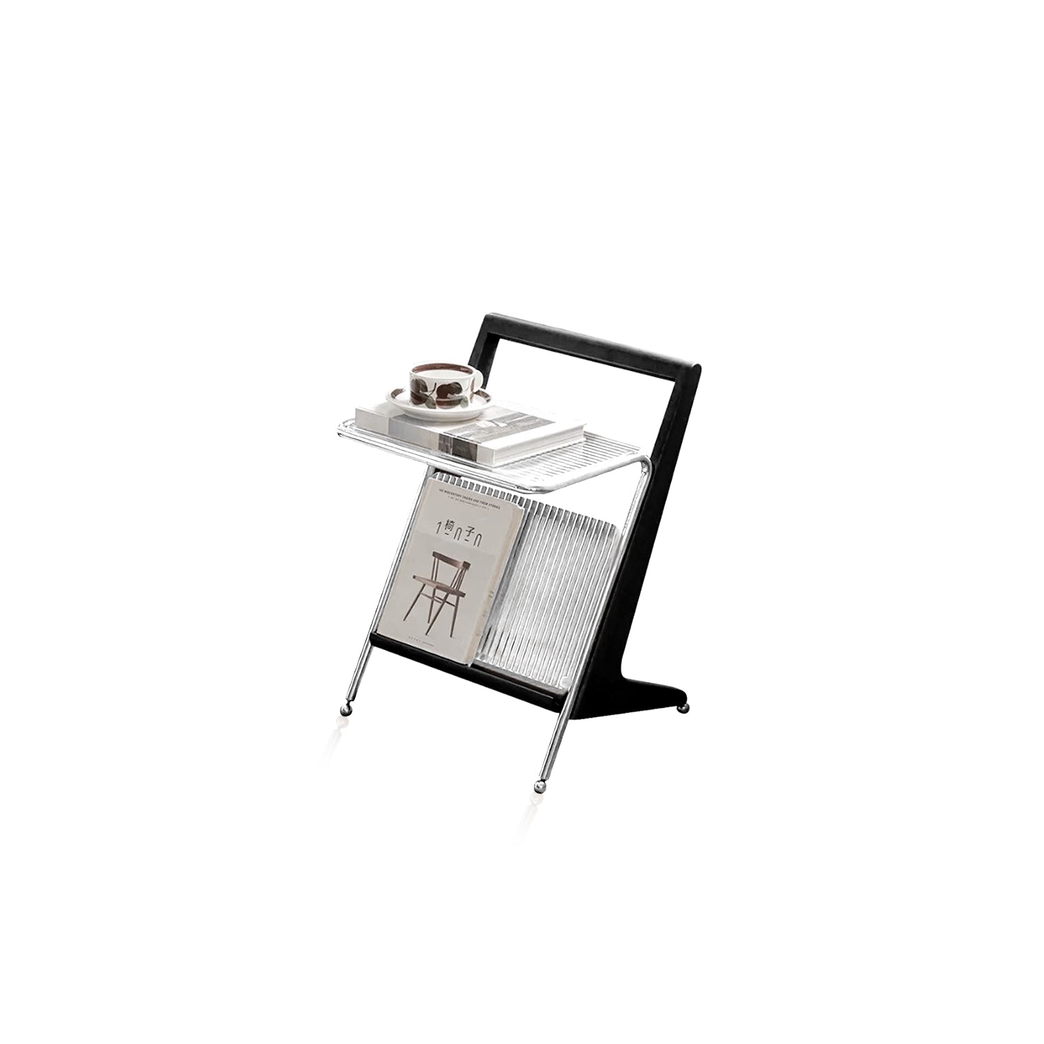 Japanese Side Table Featuring Solid Wood Handle & Metal