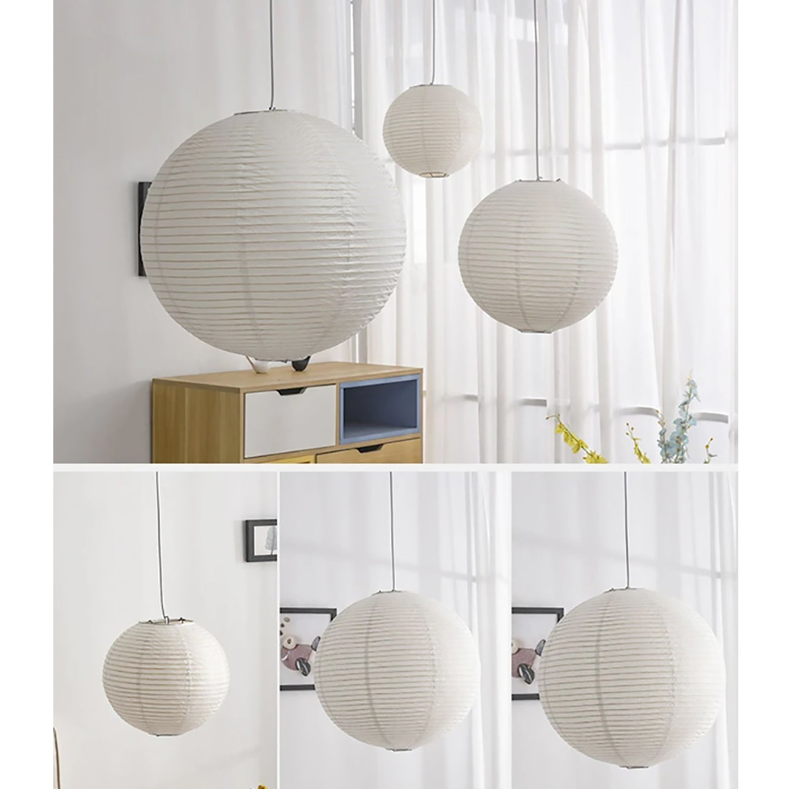 Rice Paper Pendant Lamp - Japanese Ceiling Light Fixture With Adjustable Wire