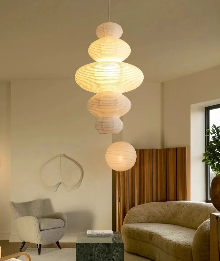 Japanese Rice Paper Pendant - Wabi-Sabi Ceiling Lamp with Adjustable Wire