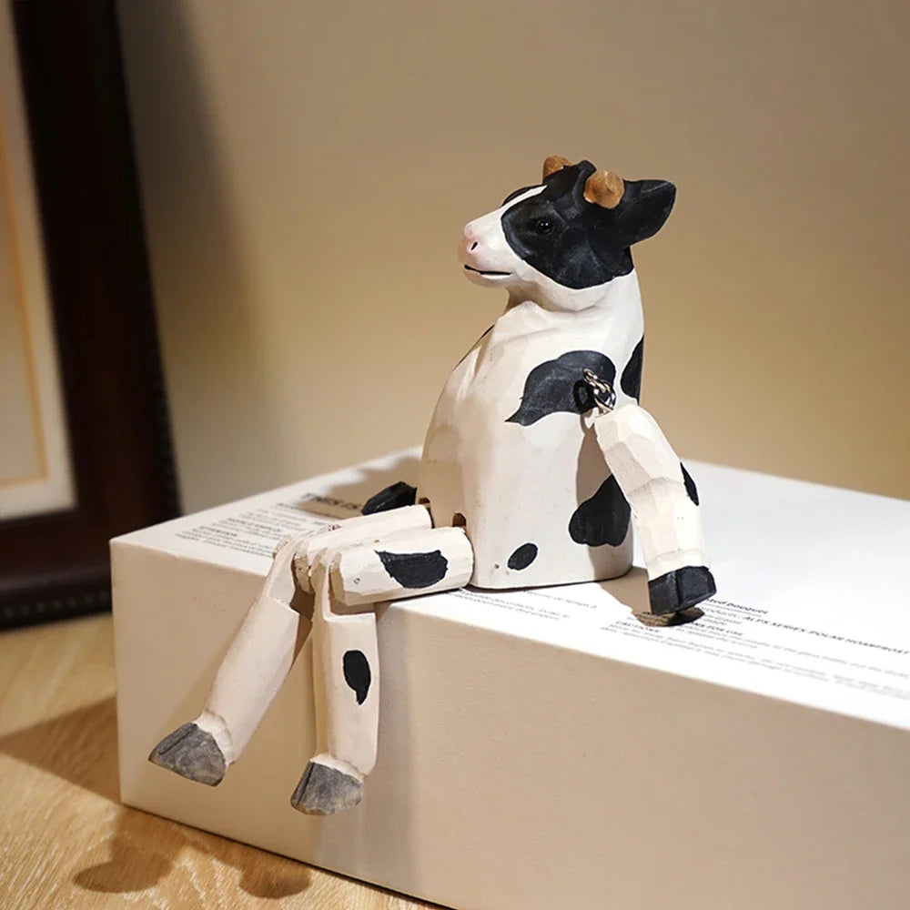 Wooden Cow Puppet Hand Carved Movable Toy