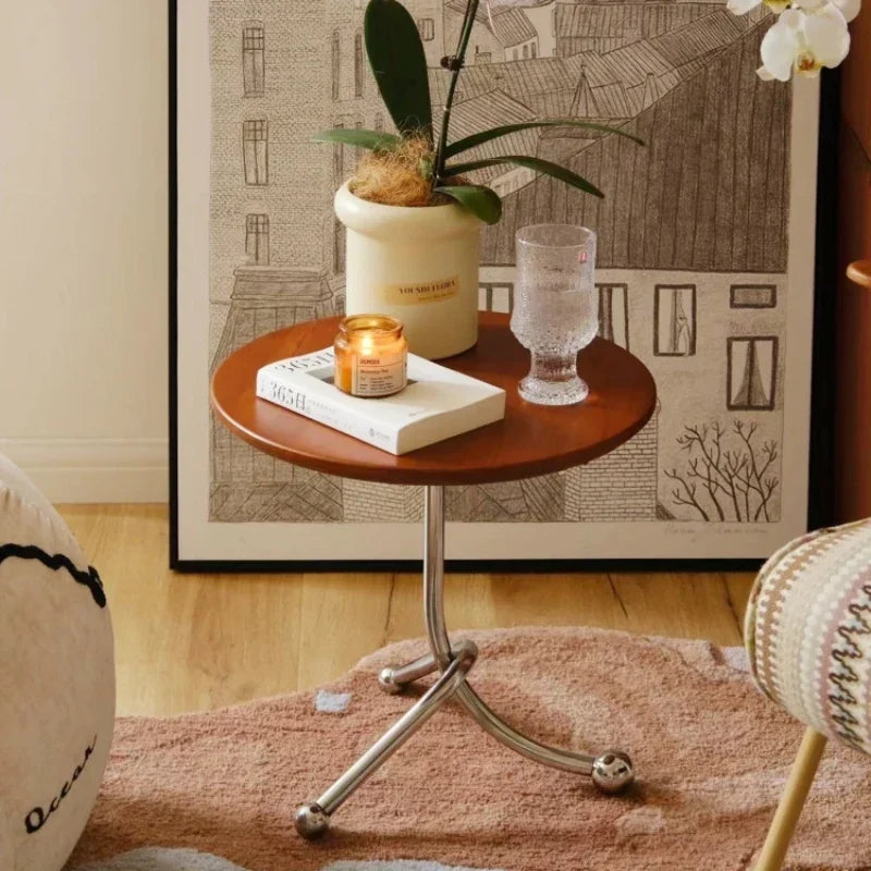 Vintage Round Side Table - Twisted Metal Frame, Stainless Steel Accent