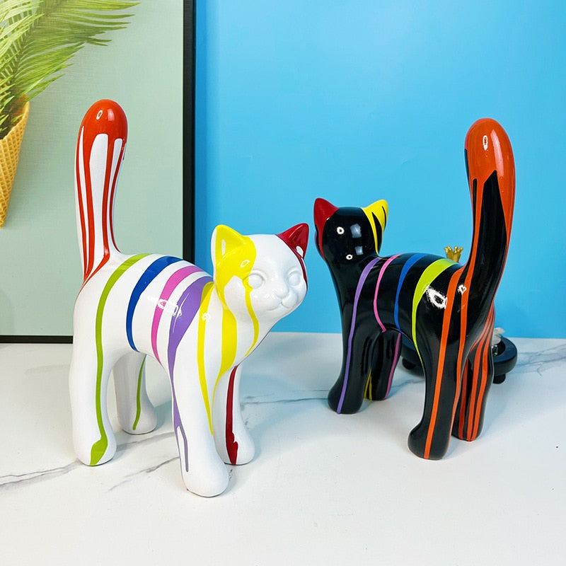 Walking Cat Sculpture - Painted Resin Figurine
