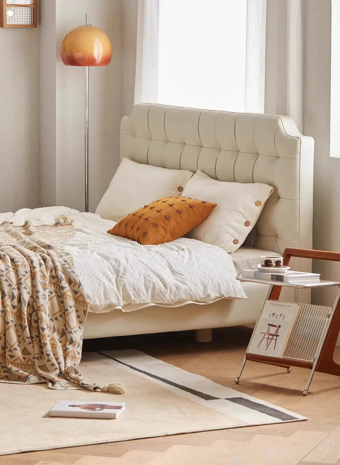 Japanese Side Table Featuring Solid Wood Handle & Metal