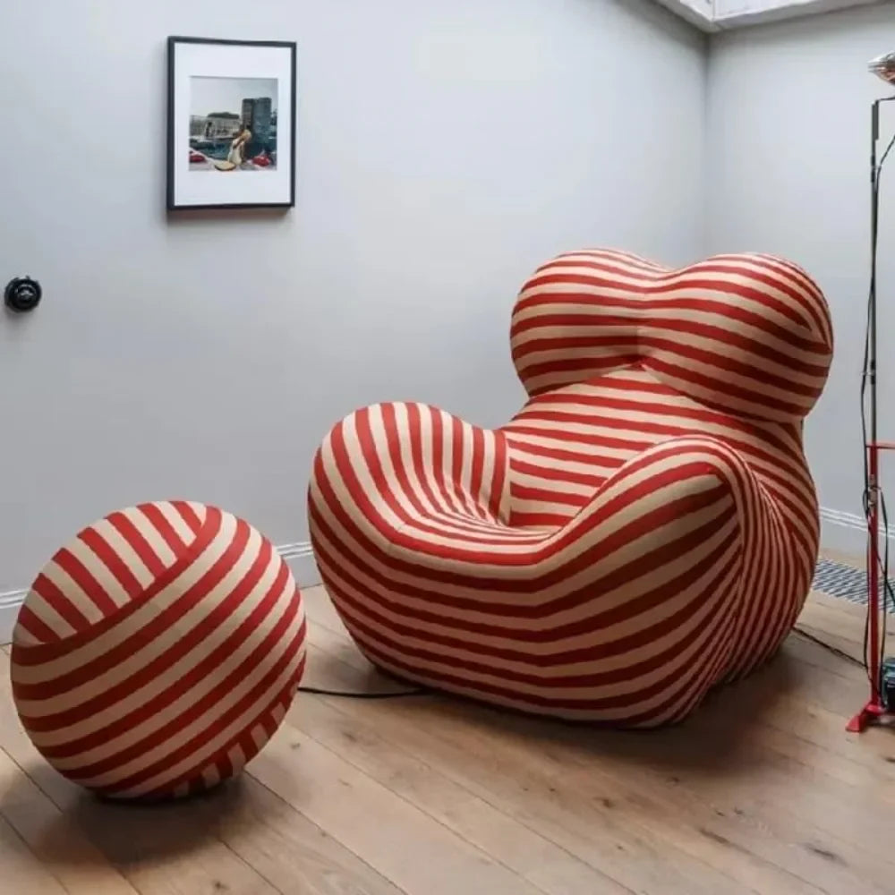 Lazy Sofa | Soft Cushioned Red Stripe Fabric Floor Sofa
