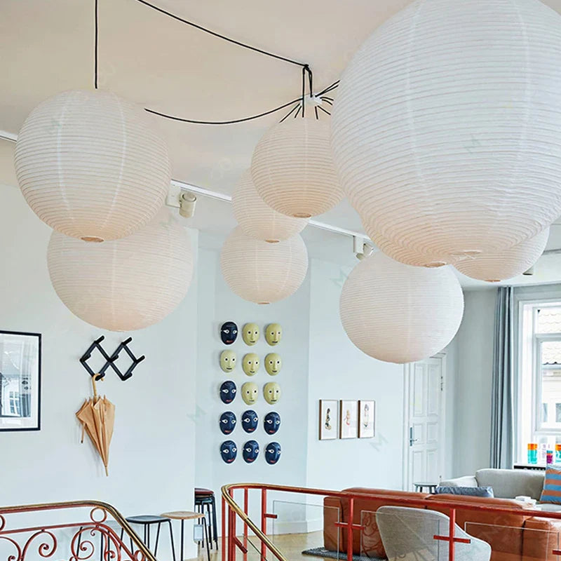 Rice Paper Pendant Lamp - Japanese Ceiling Light Fixture With Adjustable Wire