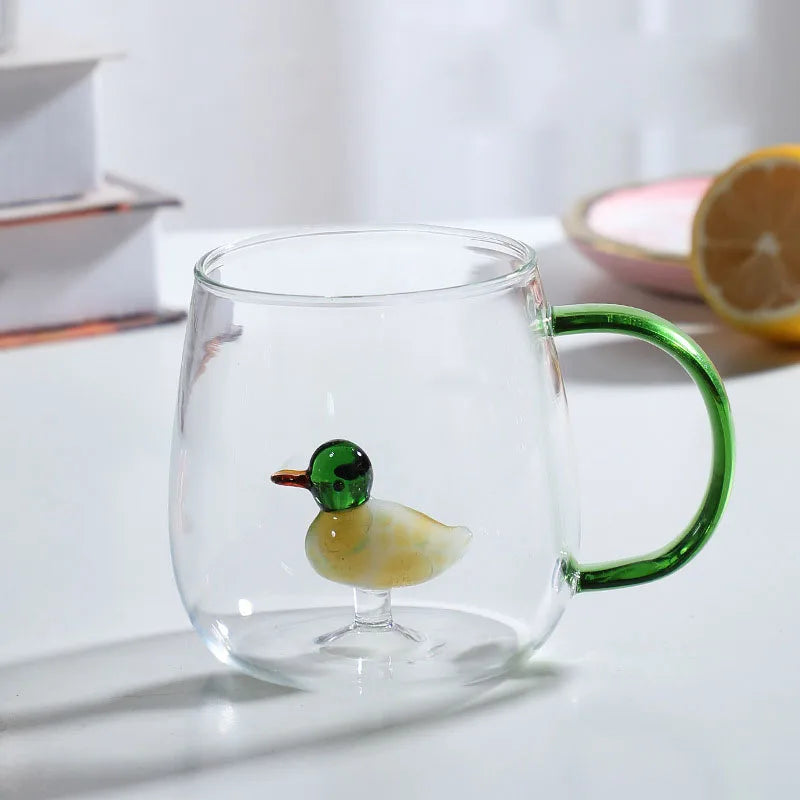 Borosilicate Glass Mug - 3D Animal Design, Color Handle