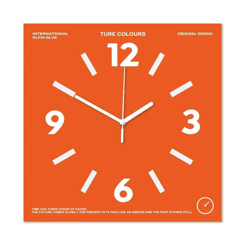 Orange colorblock square wall clock, front view