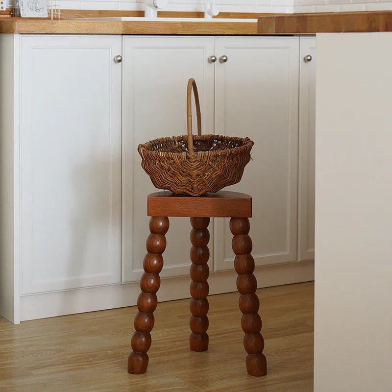 Retro French Wood Stool - Solid Wood Seat With Ball Legs
