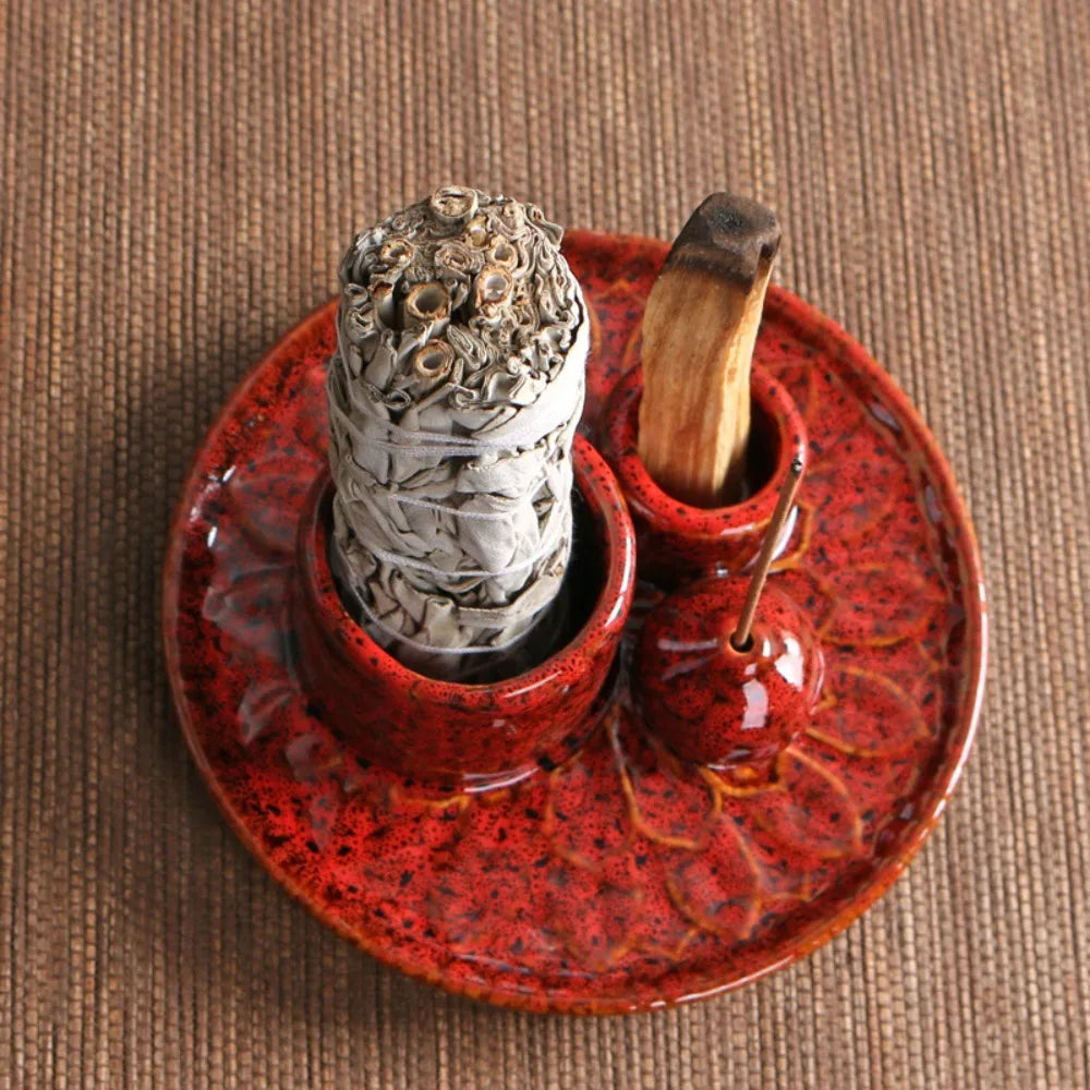 Rustic Ceramic Candle Holder - Incense Burner Stand & Decorative Tray