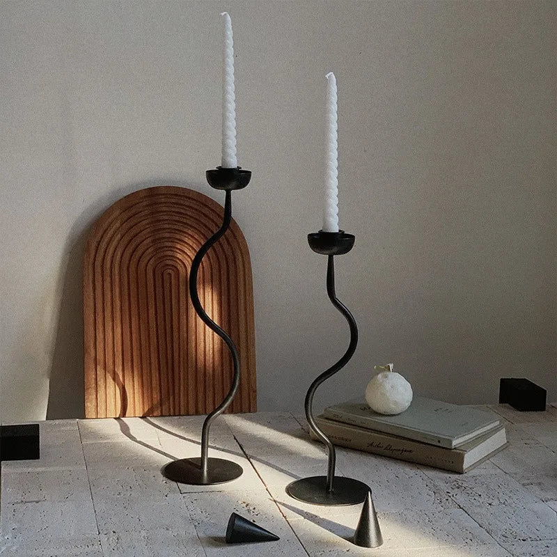Retro Metal Candle Holder - Unique Wavy Metalwork Stand