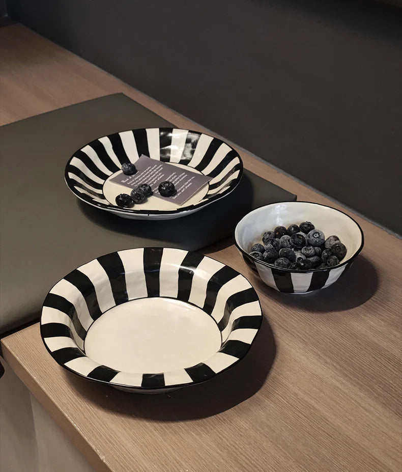 Black White Ceramic Plate | Modern Durable Striped Plate