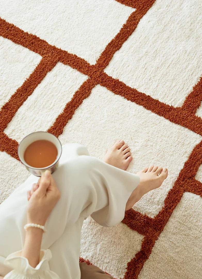 Orange Area Rug - Irregular Grid Pattern Rectangular Carpet