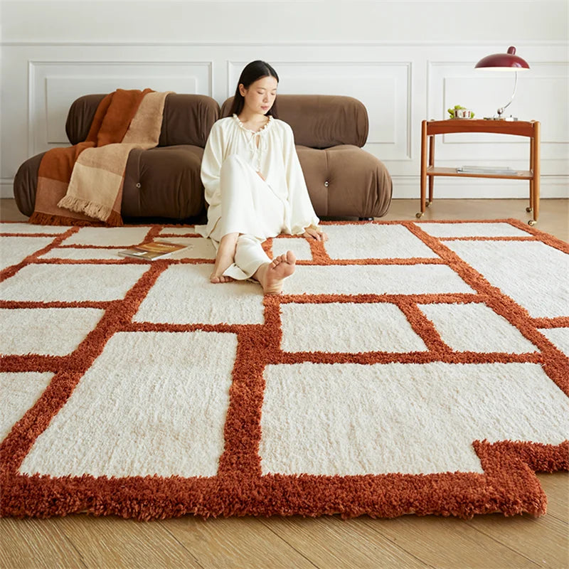 Orange Area Rug - Irregular Grid Pattern Rectangular Carpet