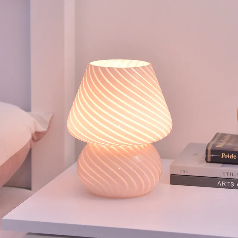 Glass Mushroom Lamp - Striped Table Light With Knob Switch