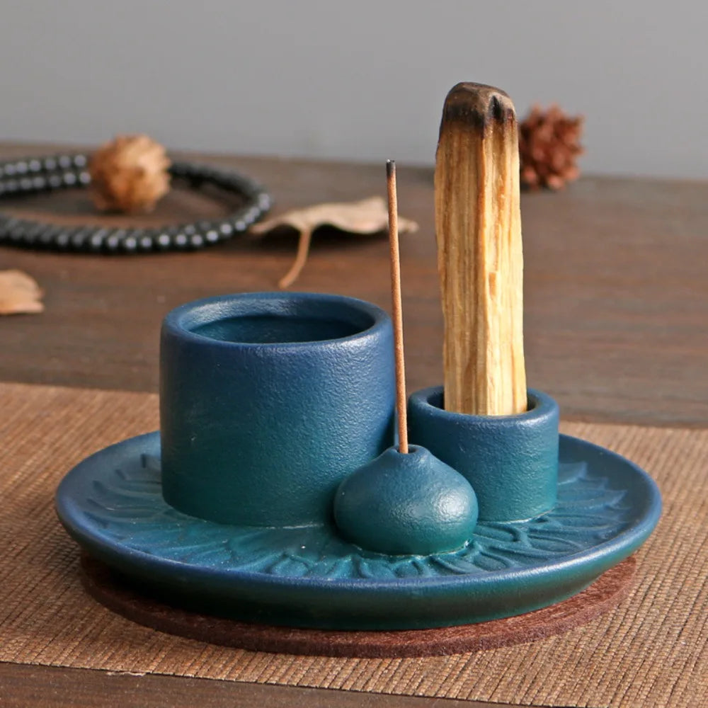 Rustic Ceramic Candle Holder - Incense Burner Stand & Decorative Tray
