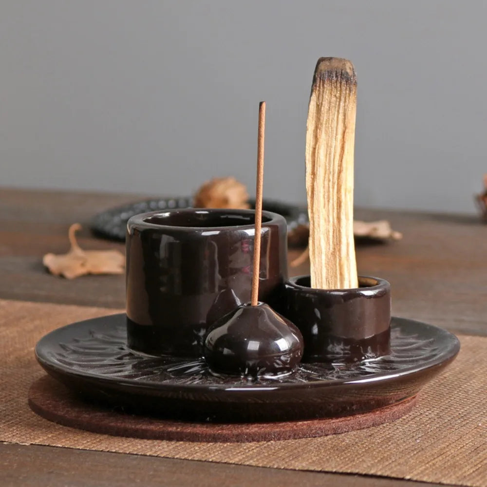 Rustic Ceramic Candle Holder - Incense Burner Stand & Decorative Tray