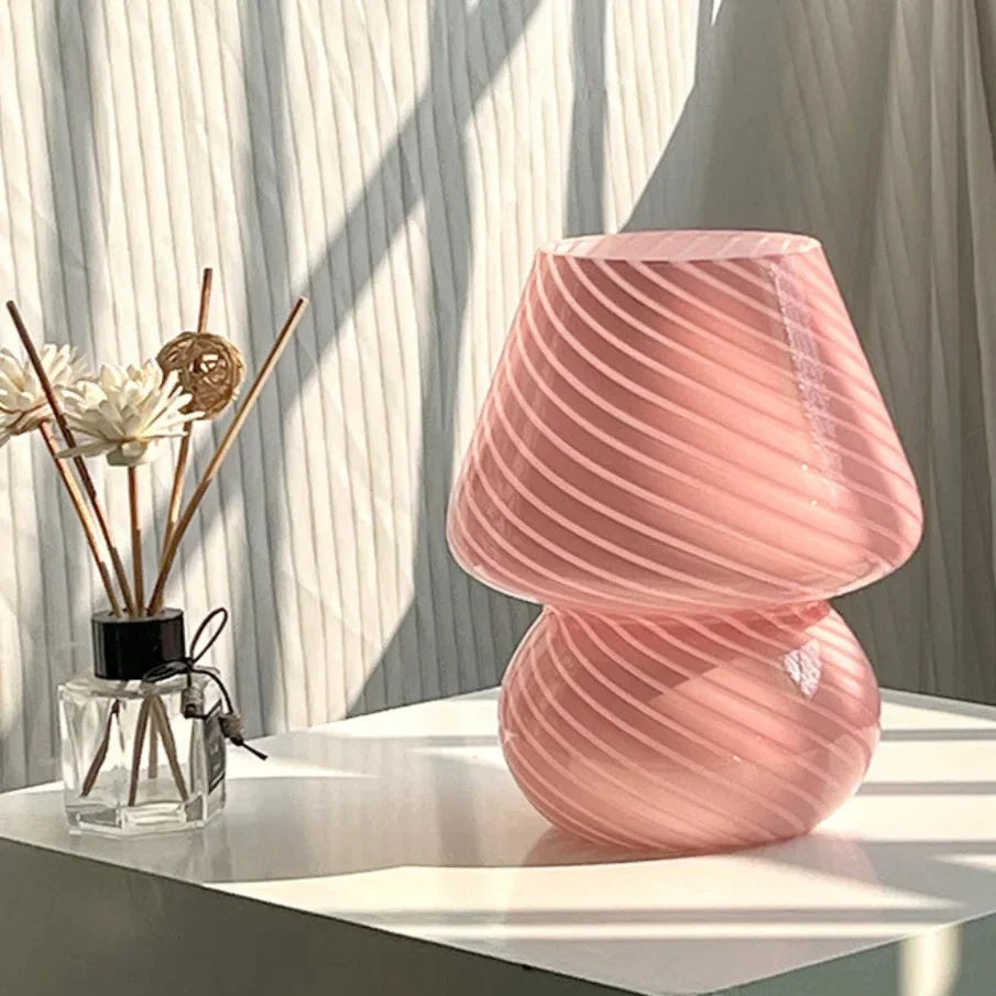 Glass Mushroom Lamp - Striped Table Light With Knob Switch
