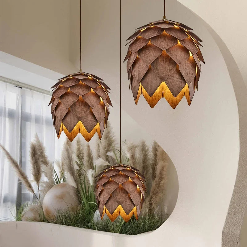 Solid Wood Chandelier – Pine Cone Ceiling Lamp