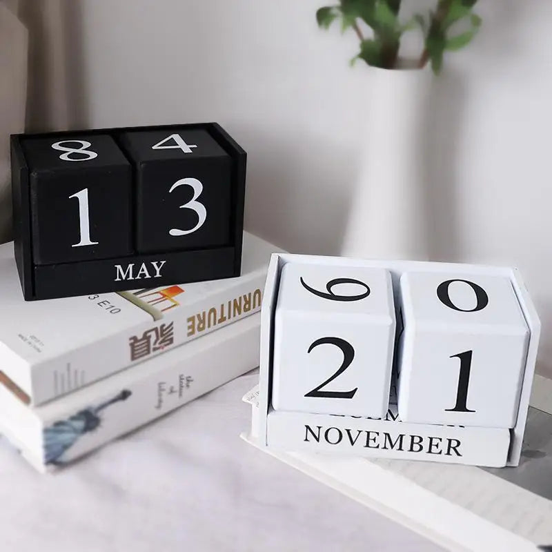Wooden Block Calendar - Black & White Desk Organizer