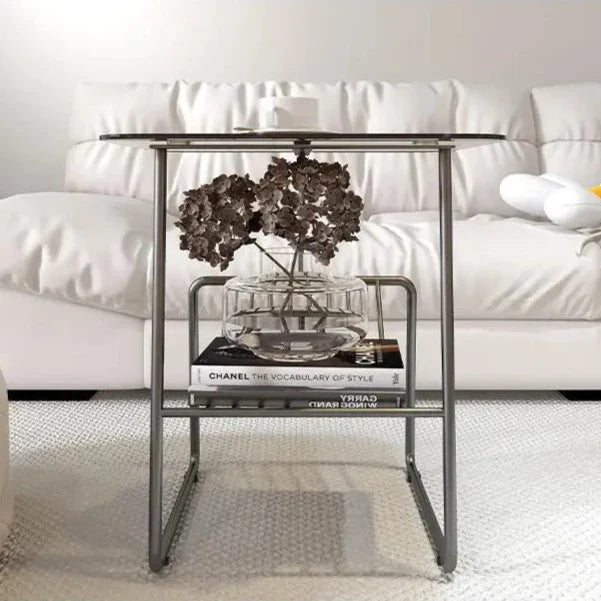 Glass Top Side Table - Metal Rack Storage