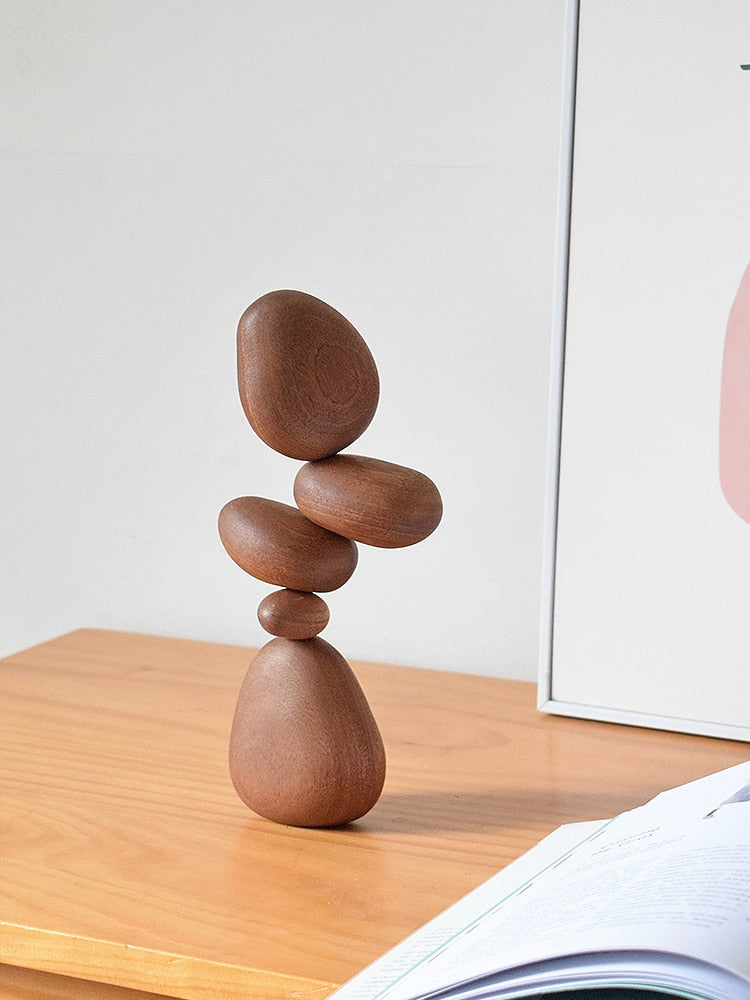 Magnetic Balance Stone Solid Wood Sculpture - Modern Home Decor