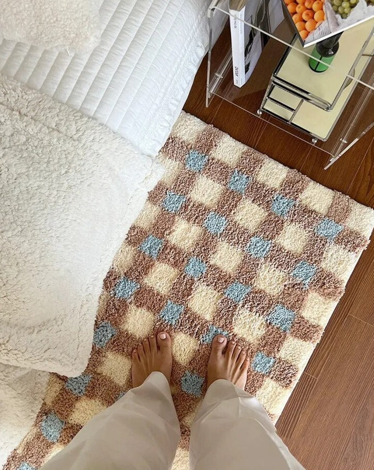 Checkerboard Bedside Rug - Pastel Area Rug Soft Cozy Carpet