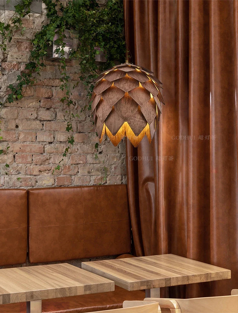 Solid Wood Chandelier – Pine Cone Ceiling Lamp