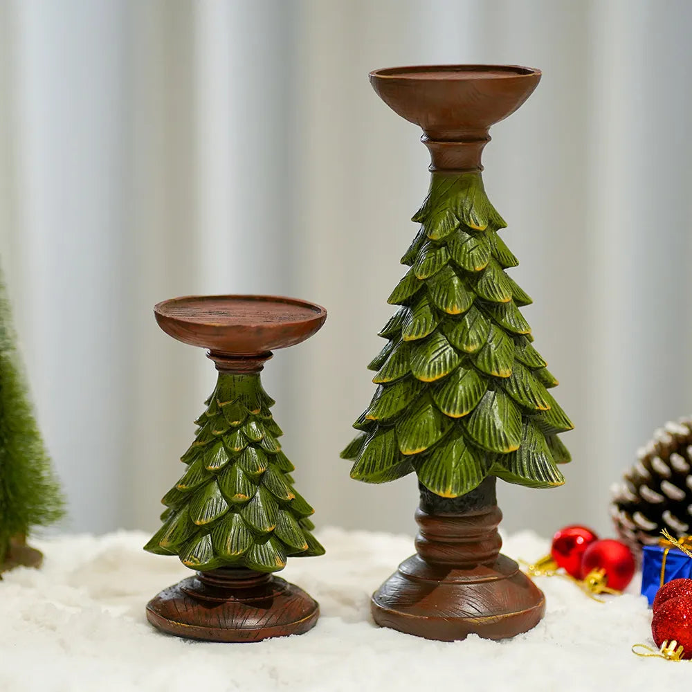 Christmas Tree Candle Holder - Dark Green Resin Holiday Decor