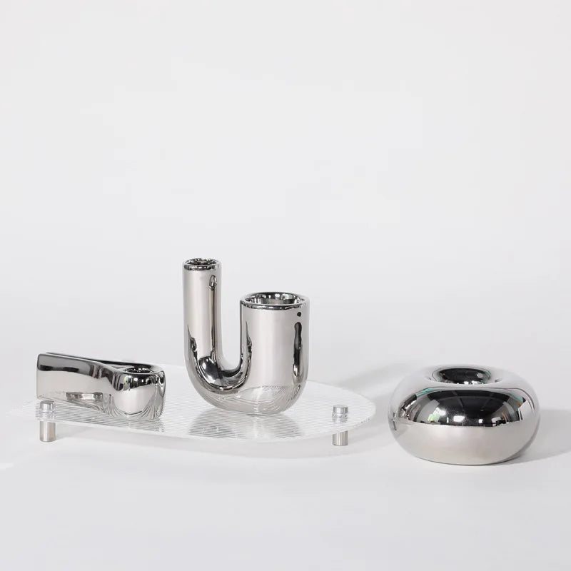 Silver Plated Candle Holder | Modern Ceramic Geometric Stand