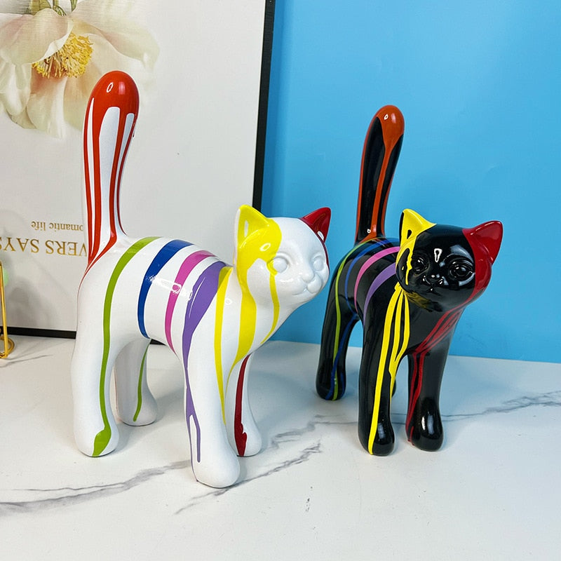 Walking Cat Sculpture - Painted Resin Figurine