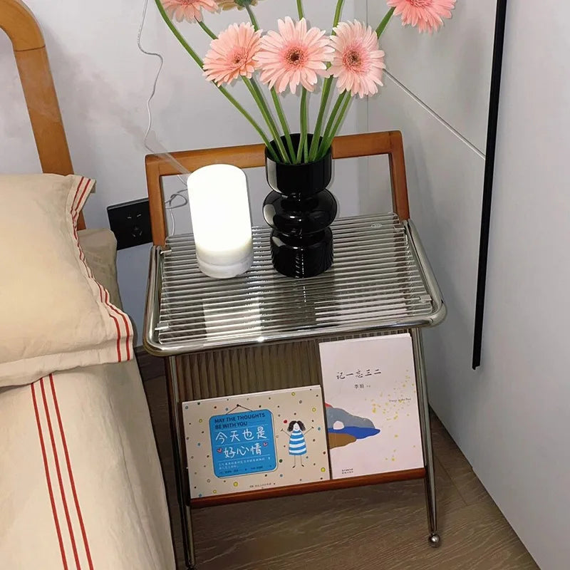 Japanese Side Table Featuring Solid Wood Handle & Metal