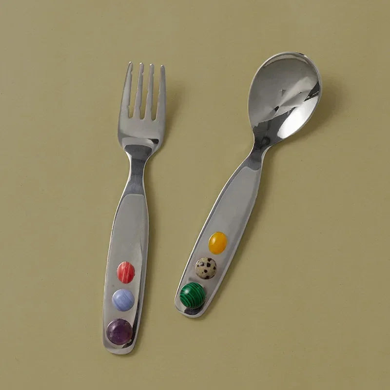 Dessert Fork And Spoon - Jelly Bean Design 5 Inch Stainless Steel Utensils