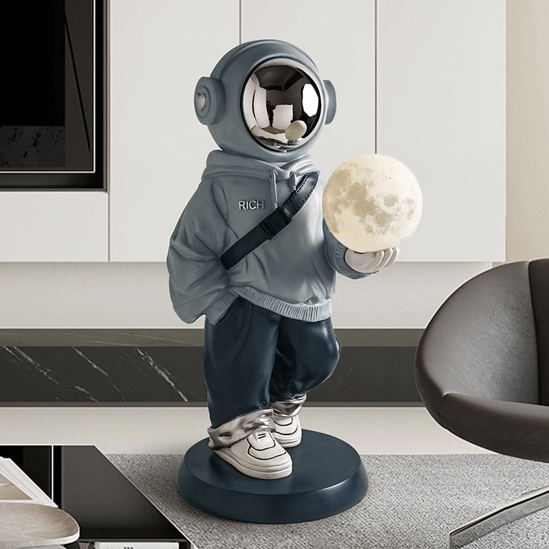 Astronaut Floor Statue Ceramic Sculpture With Moon Lamp
