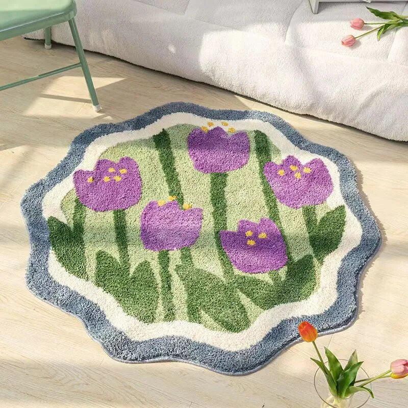 Floral Round Rug - Hand Crafted Fluffy Area Rug