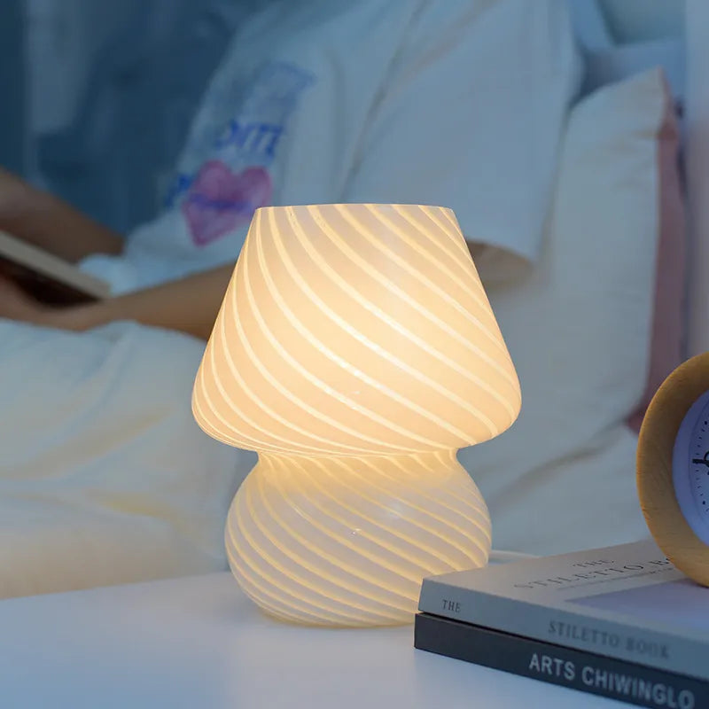 Glass Mushroom Lamp - Striped Table Light With Knob Switch