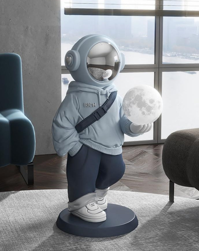 Astronaut Floor Statue Ceramic Sculpture With Moon Lamp