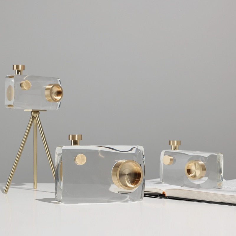 Gold Crystal Camera Sculpture – Handcrafted Tripod Decor