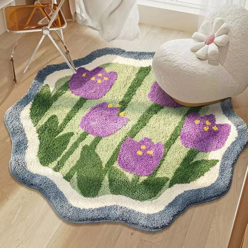 Floral Round Rug - Hand Crafted Fluffy Area Rug