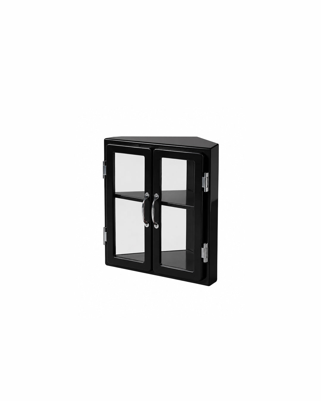 metal MCM vitrine corner display cabinet in black - front view product photo