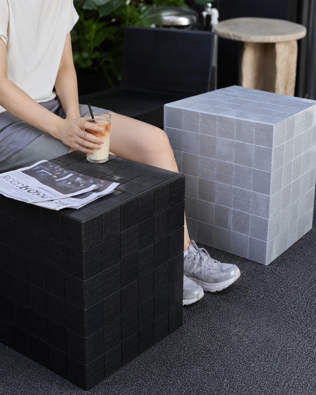 mosaic cube table used as a plant stand accent