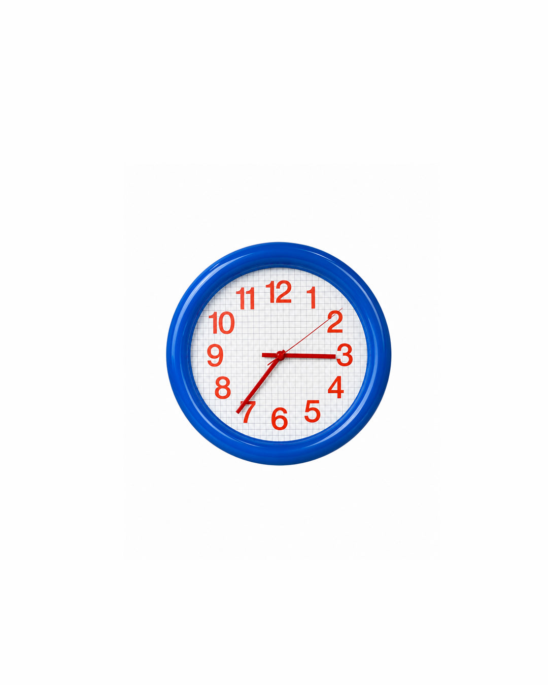 bold grid wall clock with thick round frame in blue - front view product photo
